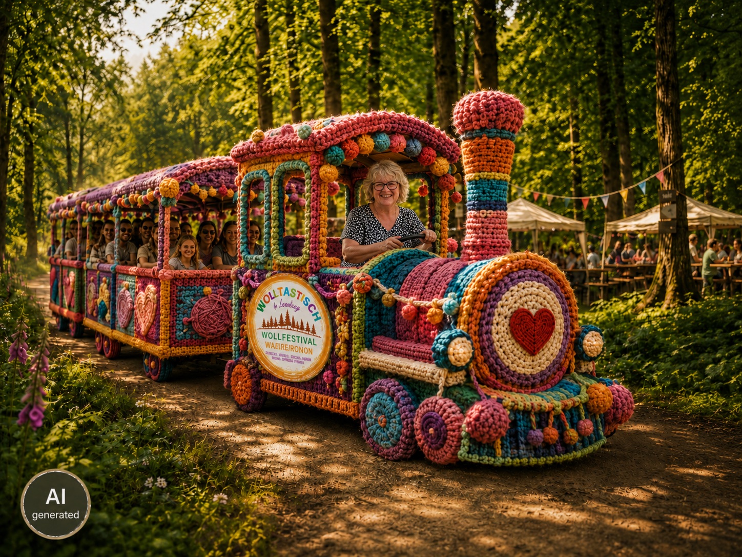 Illustration: eine komplett aus bunter Wolle gehäkelte Bimmelbahn voller Fahrgäste fährt auf einem Waldweg an Festivalzelten vorbei, am Steuer eine lachende Frau.